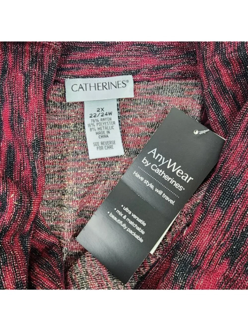 Catherines Tunic Cowl Neck Long Sleeve Black Burgundy Plus Size 2X 22/24W NWT